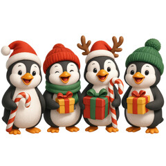 Fototapeta premium funny christmas squad concept. Festive penguins wearing hats and holding gifts.