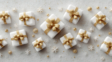 A whimsical assortment of white and gold presents nestled on a snowy backdrop, evoking a feeling of winter magic and festive cheer.