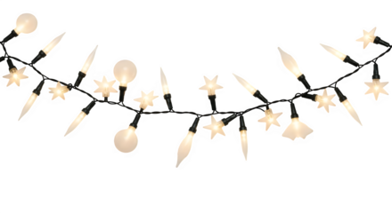 A string of warm white star and bulb shaped lights isolated on transparent background