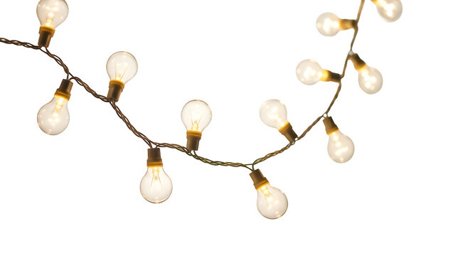 A string of warm white led bulb lights glowing brightly isolated on transparent background