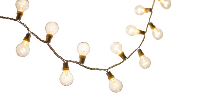 A string of warm white led bulb lights glowing brightly isolated on transparent background