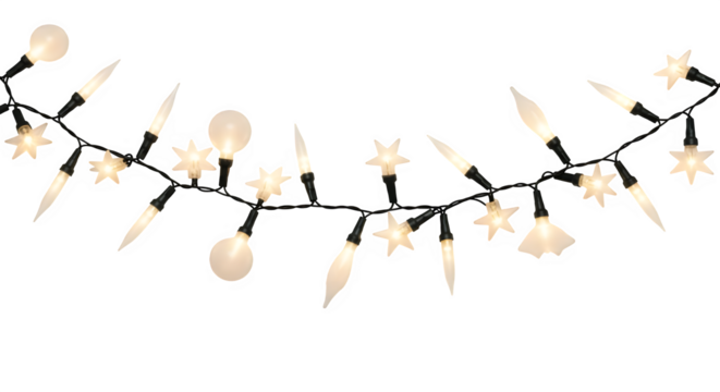 A string of warm white star and bulb shaped lights isolated on transparent background