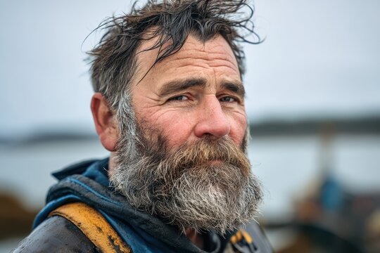 Elderly man with a rugged beard and tousled hair, wearing a blue jacket with yellow straps. He gazes intently at the camera with a blurred outdoor background suggesting a coastal setting