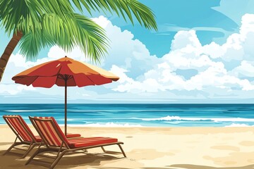 Obraz premium Enjoy the summer vibes on a beach with lounge chairs and vibrant palm trees
