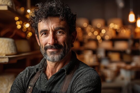Curly-haired man with a beard wearing a dark shirt and apron, standing confidently in a cheese shop with blurred shelves of cheese wheels and warm lights in the background - Powered by Adobe