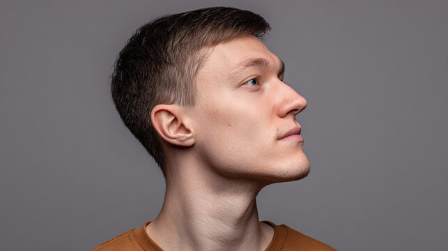 Profile of a young man with short brown hair against a gray backdrop, captured in a studio setting. He is gazing upwards, lost in thought.