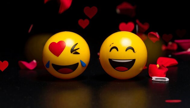 Two emoji balls, one winking with a heart eye and the other laughing, surrounded by hearts and rose petals