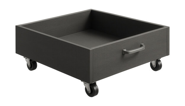 Rolling drawer on wheels, ideal for under-bed storage in guest rooms.
