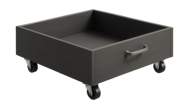 Rolling drawer on wheels, ideal for under-bed storage in guest rooms.