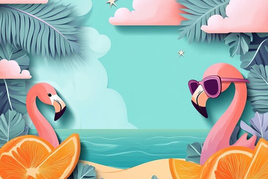 Bright summer banner featuring flamingos, tropical elements, and a serene ocean view