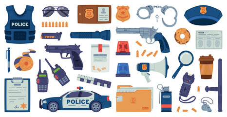 Police Equipment and Professional Policeman Object Vector Set