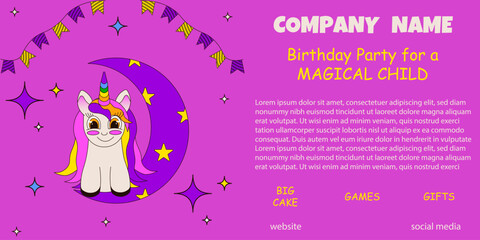 Holiday management company vector banner. Cute Unicorn on the moon with Birthday typography. Birthday for magical child business banner. EPS 10 Editable