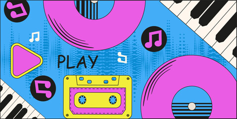 Modern retro Music banner design. Vector illustration colored vinyl record audio tape piano keys and notes. Abstract Music background. EPS 10