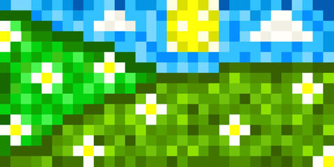 Pixel Summer background. Vector illustration of trendy Pixel Art style Summer background with green valley flowers and blue sky. Perfect Summer web retro banner wall decor. EPS 10
