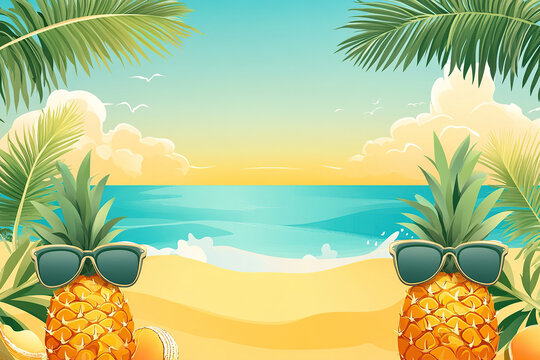 Enjoy summer vibes with a bright, tropical beach poster featuring playful pineapples