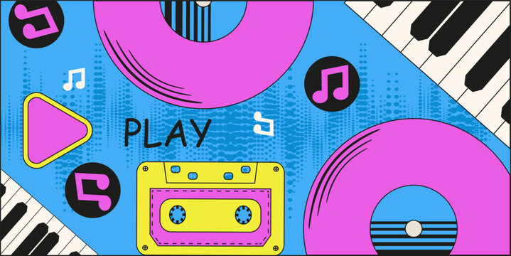 Modern retro Music banner design. Vector illustration colored vinyl record audio tape piano keys and notes. Abstract Music background. EPS 10