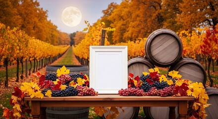 Autumn vineyard path with a full moon, showcasing a blank white frame on a rustic wooden table adorned with ripe red and blue grapes, vibrant fall leaves, and stacked wine barrels.