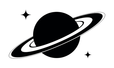 Cosmic Saturn Planet Vector Symbol. Isolated Silhouette with Rings and Stars