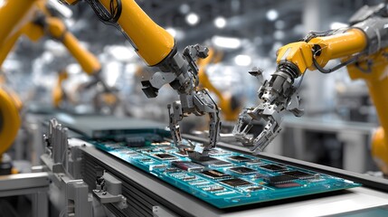 Robotic arms assembling a circuit board in a modern electronics factory