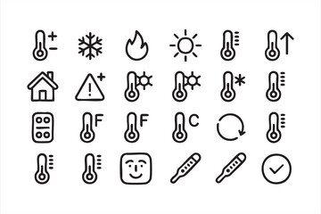 Weather and energy icon collection featuring thermometers and degrees