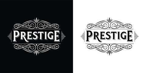 Elegant vintage prestige word art with decorative flourishes, presented in both black and white versions for versatile design applications