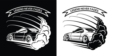 Drifting sports car performing a burnout with smoke, conveying speed and power with the slogan legend never fades, isolated on white background