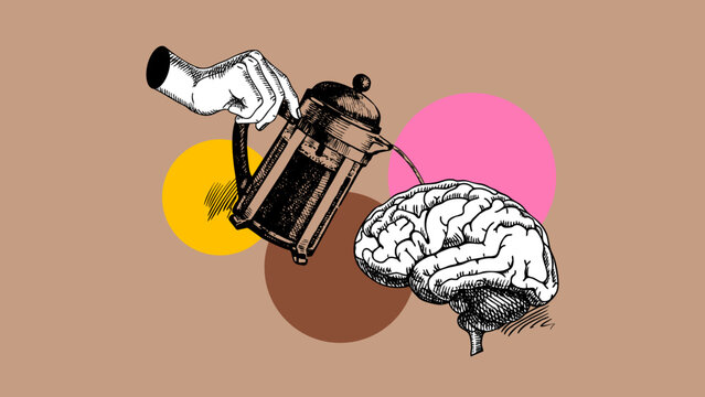 Trendy collage with sketch brain and coffee pour. Coffee shop, cafe, barista, beverage brand, coworking space, bookstore, podcast, mental health concept. Hand drawn engraving vector illustration.