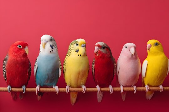 Brightly colored budgerigars sit in a line on a wooden perch. Each bird showcases distinct feather patterns and hues, creating a lively scene against a bold red background