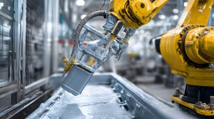 Industrial robot arm in a factory setting, automated manufacturing process