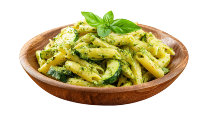 A bowl of pasta with green vegetables and basil