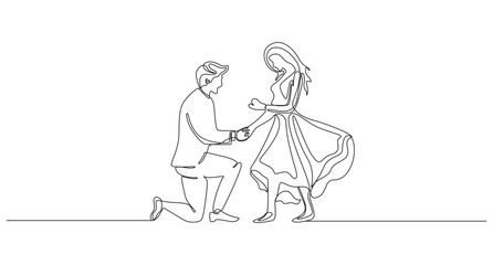 Obraz premium Romantic Marriage Proposal in Continuous Line Art,Happy propose day concept continuous single line art vector illustration