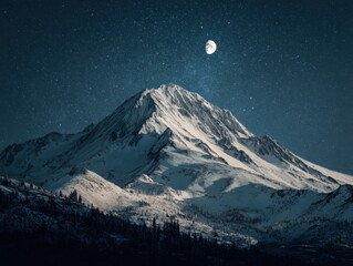 Starlit Mountain Range Night Sky Full Moon Snowy Peaks Evergreen Forest Winter Landscape Scenic View Northern Hemisphere Constellations Astronomical Beauty Wilderness Serenity
