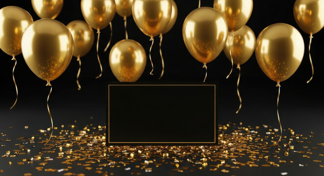 Golden balloons float above black board with glitter against dark background