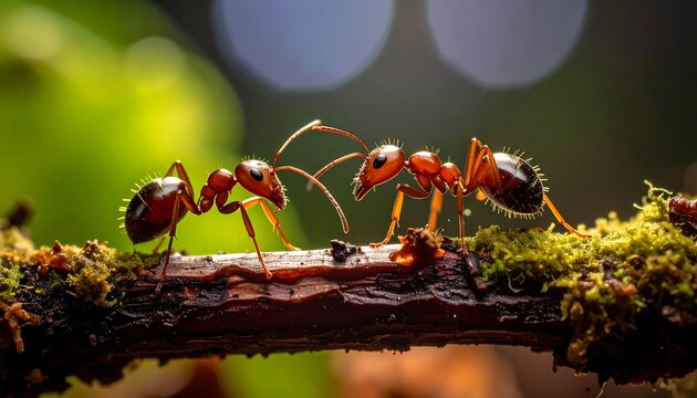 Two ants engage in a close-up encounter on a moss-covered branch. The forest background is blurred, enhancing the insect's details