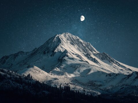 Starlit Mountain Range Night Sky Full Moon Snowy Peaks Evergreen Forest Winter Landscape Scenic View Northern Hemisphere Constellations Astronomical Beauty Wilderness Serenity
