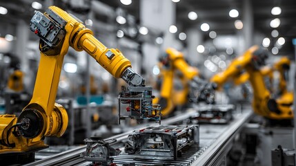 Automated robotic arms assembling components on a factory production line