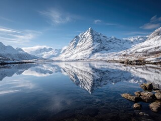 Stunning Winter Mountain Reflection in Calm Water Serene Landscape Scenic View Blue Sky Clouds Nature Outdoors