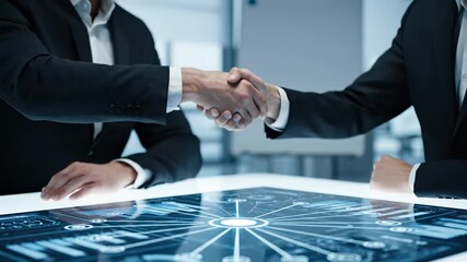 Handshake across illuminated table. Hand and suit meet over digital display. Meeting centers on technology and tablet. Agreement and contract on screen. Digital interface displays chart data. - Powered by Adobe