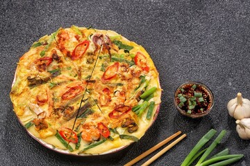 Pajeon is a typical Korean savory pancake made from flour dough, spring onions, and various seafood.