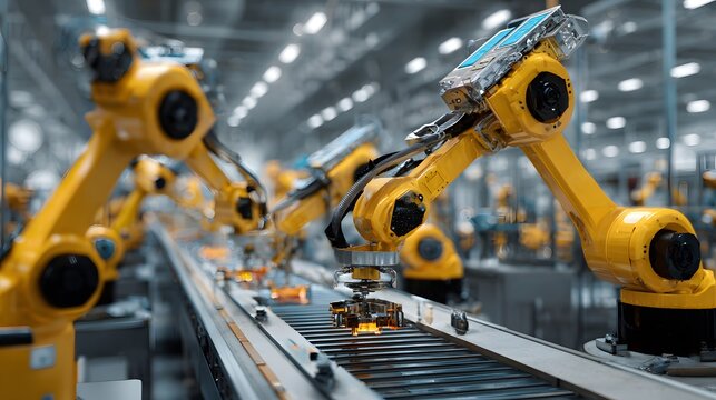 Robotic arms working on an automated assembly line in a modern factory