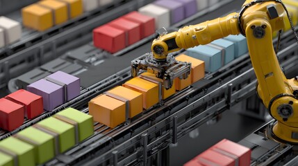 Automated robotic arm sorting colorful boxes on a conveyor belt in a factory
