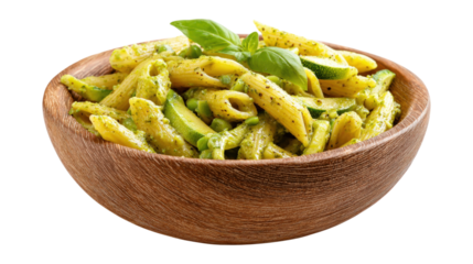 A bowl of pasta with green vegetables and basil