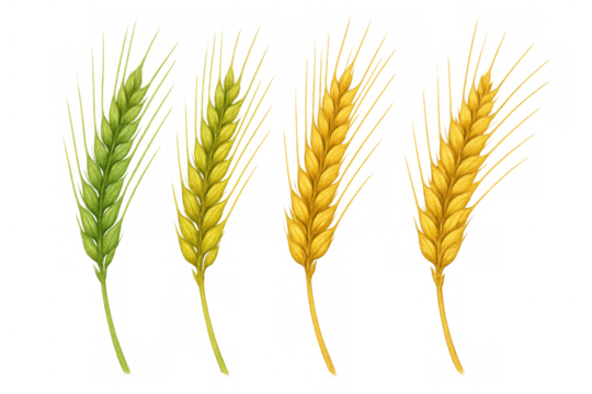 Wheat ripening stages featuring green, yellow, and golden ears, symbolizing agriculture, harvest, and food production