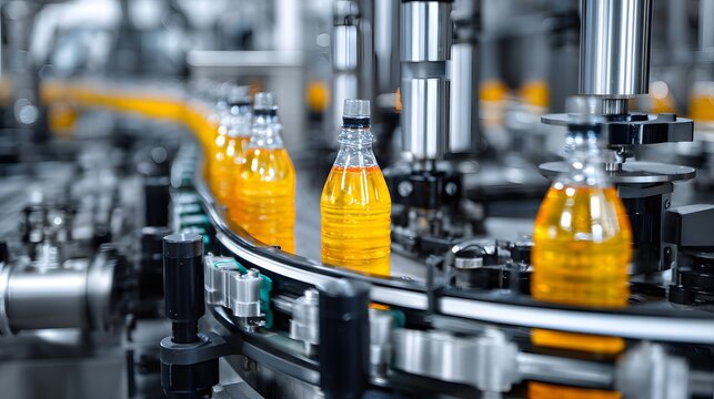 Bottles of juice moving along a production line in a modern factory