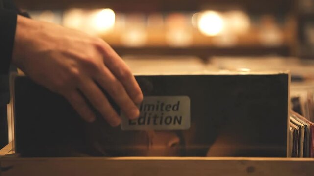 Close-up shot of hands searching through a crate of vinyl records and discovering a rare limited edition album