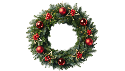 A christmas wreath with red ornaments and star shaped decorations on a png background showing details