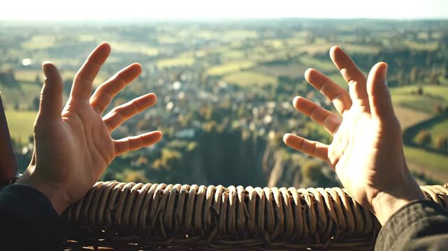 First person perspective of hands opening in wonder over a wicker basket flying above a scenic green valley