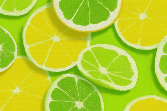 Vibrant lemon slice pattern on lime green background in fabric design style, seamless and tileable gouache artwork with bright colors and wide-angle view for textile or wallpaper.