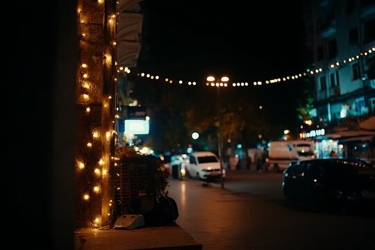 Night Street Scene with Warm String Lights and Moving Vehicles in Urban Setting