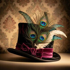 A black top hat adorned with peacock feathers and a velvet ribbon bow sitting on a surface